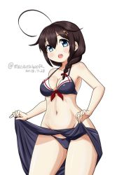Rule 34 | 1girl, adapted costume, ahoge, bikini, black bikini, black hair, black sarong, blue eyes, braid, breasts, cleavage, clothes lift, commentary request, cowboy shot, dated, front-tie top, groin, hair flaps, hair over shoulder, kantai collection, masara (chuujou), medium breasts, navel, one-hour drawing challenge, open mouth, sarong, sarong lift, shigure (kancolle), shigure kai ni (kancolle), simple background, single braid, solo, swimsuit, twitter username, white background