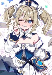 Rule 34 | 1girl, barbara (genshin impact), blonde hair, breasts, dress, drill hair, genshin impact, highres, looking at viewer, morumoru x, off shoulder, one eye closed, open mouth, small breasts, smile, solo, teeth, twin drills, twintails, v, white dress