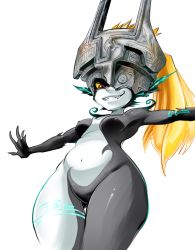 Rule 34 | 1girl, belly, blonde hair, colored sclera, colored skin, commentary request, fang, gluteal fold, green skin, grin, helmet, highres, long hair, marimo (yousei ranbu), midna, multicolored skin, navel, neon trim, nintendo, one eye covered, outstretched arms, pointy ears, ponytail, red eyes, shortstack, skin tight, smile, solo, the legend of zelda, the legend of zelda: twilight princess, thick thighs, thigh gap, thighs, two-tone skin, white background, yellow sclera