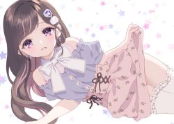 Rule 34 | 1girl, :d, bare shoulders, brown hair, chitosezaka suzu, clothes lift, collared shirt, commentary request, commission, floral print, frilled shirt, frilled thighhighs, frills, hair ornament, heart, heart hair ornament, lifting own clothes, long hair, looking at viewer, multicolored hair, off-shoulder shirt, off shoulder, open mouth, original, pink hair, pink skirt, print skirt, puffy short sleeves, puffy sleeves, purple eyes, purple shirt, shirt, short sleeves, simple background, skeb commission, skirt, skirt lift, sleeveless, sleeveless shirt, smile, solo, star (symbol), starry background, thighhighs, two-tone hair, white background, white thighhighs