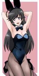 Rule 34 | 1girl, ahoge, animal ears, armpits, arms behind head, arms up, black bow, black bowtie, black eyes, black footwear, black hair, black leotard, border, bow, bowtie, breasts, bright pupils, cleavage, collar, commentary, covered navel, detached collar, fake animal ears, girls und panzer, grey pantyhose, high heels, highres, isuzu hana, kneeling, leotard, long hair, looking at viewer, medium breasts, open mouth, outside border, pantyhose, pink background, playboy bunny, ponzu rui, rabbit ears, shadow, simple background, smile, solo, strapless, strapless leotard, white border, white collar, white pupils, wing collar, wrist cuffs