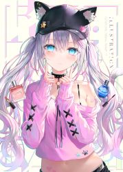 Rule 34 | 1girl, absurdres, animal ears, bare shoulders, baseball cap, blue eyes, breasts, choker, closed mouth, collar, fake animal ears, fingernails, grey hair, hand up, hat, heart, heart tattoo, highres, long hair, long sleeves, looking at viewer, midriff, mole, mole under eye, nail polish, navel, original, purple hair, rin yuu, scan, simple background, sleeves past wrists, small breasts, smile, solo, stomach, tattoo, twintails, upper body