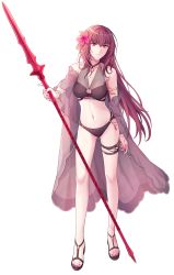 Rule 34 | 1girl, alternate costume, armlet, bare legs, bikini, black bikini, black cape, black footwear, cape, closed mouth, fate/grand order, fate (series), fingernails, flower, full body, gae bolg (fate), hair flower, hair intakes, hair ornament, highres, holding, holding polearm, holding spear, holding weapon, long hair, looking at viewer, mikkat, nail polish, pink nails, polearm, purple hair, red eyes, sandals, scathach (fate), see-through, simple background, smile, solo, spear, standing, swimsuit, toenails, transparent background, weapon, white background