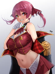 Rule 34 | 1girl, ascot, bare shoulders, black coat, blush, breasts, cleavage, coat, commentary, covered erect nipples, cowboy shot, cropped vest, epaulettes, glint, gradient background, grin, hair between eyes, hair ribbon, heterochromia, highres, hololive, houshou marine, kisaragi tsurugi, long hair, looking at viewer, medium breasts, midriff, miniskirt, navel, no eyepatch, off shoulder, open clothes, open coat, pleated skirt, purple hair, red ascot, red eyes, red ribbon, red skirt, red vest, revision, ribbon, sidelocks, signature, simple background, skirt, smile, solo, standing, stomach, teeth, twintails, vest, virtual youtuber, white background, yellow eyes