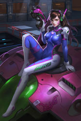 Rule 34 | 1girl, absurdres, acronym, animal print, bodysuit, breasts, brown eyes, brown hair, ch (yan22947), character name, clothes writing, covered erect nipples, covered navel, d.va (overwatch), dust, emblem, facepaint, facial mark, finger on trigger, full body, gloves, gun, handgun, headphones, high collar, highres, holding, holding gun, holding weapon, leg up, light particles, light rays, lips, long hair, long legs, looking at viewer, mecha, medium breasts, meka (overwatch), nose, overwatch, overwatch 1, pilot suit, pink lips, pistol, rabbit print, railing, ribbed bodysuit, robot, shoulder pads, sitting, skin tight, smile, solo, swept bangs, weapon, whisker markings, white gloves