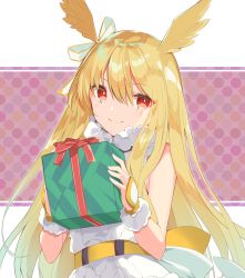 Rule 34 | 1girl, absurdres, bare shoulders, belt, blonde hair, blush, bow, box, chrono (himadon), closed mouth, commentary request, dotted background, dress, fate/grand order, fate (series), fur collar, gift, gift box, hair ribbon, head wings, highres, holding, holding box, holding gift, long hair, looking at viewer, purple background, red bow, red eyes, ribbon, sleeveless, sleeveless dress, smile, solo, thrud (fate), thrud (ring the bell) (fate), upper body, valkyrie (fate), very long hair, white dress, white ribbon, wings, wrist cuffs
