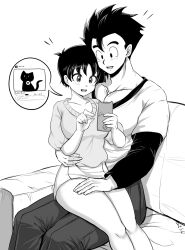 Rule 34 | black hair, blush, cat videos, couple, dragon ball, hand on lap, happy, highres, hug, monochrome, muscular, muscular male, short hair, sitting, sitting on lap, sitting on person, smile, son gohan, tagme, thick thighs, thighs, tomboy, videl, watching videos