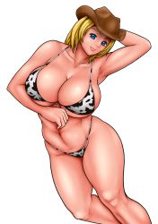 Rule 34 | 1girl, animal print, bikini, blonde hair, blue eyes, breasts, cleavage, collarbone, cow print, dead or alive, hat, highres, hip focus, large breasts, navel, short hair, smile, solo, sugata (artist), swimsuit, tecmo, tina armstrong, wide hips