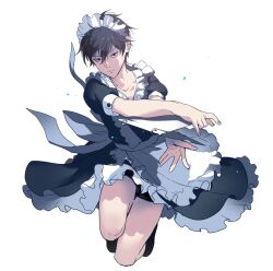 Rule 34 | 1boy, alternate costume, apron, black dress, black footwear, black hair, black shorts, closed mouth, crossdressing, dress, enmaided, floating clothes, frilled apron, frills, frown, full body, hair between eyes, holding, jumping, kageyama ritsu, looking at viewer, maid, maid apron, maid headdress, male focus, male maid, mob psycho 100, outstretched arms, puffy short sleeves, puffy sleeves, shoes, short hair, short sleeves, shorts, shorts under dress, simple background, white apron, white background, yunopsy