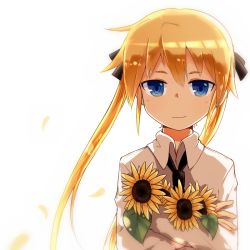 Rule 34 | 1girl, alice (openhexagon), black necktie, black ribbon, blonde hair, blue eyes, blush, closed mouth, flower, hair ribbon, holding, holding flower, kill me baby, long hair, looking at viewer, necktie, ribbon, smile, solo, sonya (kill me baby), sunflower, twintails, upper body