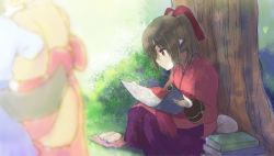 Rule 34 | 1girl, ainu clothes, animal ears, aquaplus, book, book stack, breasts, brown hair, closed mouth, from side, hair between eyes, japanese clothes, kimono, long hair, long sleeves, miton (ton321), nekone (utawarerumono), nose, outdoors, raised eyebrows, reading, red eyes, scroll, sitting, small breasts, solo, tree, twintails, utawarerumono, utawarerumono: itsuwari no kamen
