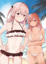 Rule 34 | 2girls, absurdres, alternate costume, bad id, bad pixiv id, bare shoulders, beach, bikini, bikini skirt, black skirt, blue sky, blurry, blurry background, breasts, cleavage, closed mouth, cloud, cloudy sky, collarbone, commentary, crossed arms, crossed bangs, day, english commentary, frilled bikini, frills, hair between eyes, hands on own hips, highres, inui sajuna, inui shinju, large breasts, light frown, looking at viewer, microskirt, mixed-language commentary, multiple girls, navel, nuebunny, outdoors, palm leaf, pink hair, siblings, side-tie bikini bottom, sisters, skirt, sky, small breasts, sono bisque doll wa koi wo suru, swimsuit, thighs, water, wet, white bikini