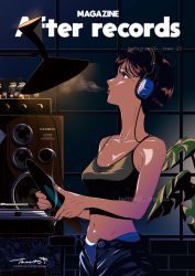 Rule 34 | 1girl, bare shoulders, black camisole, black hair, black pants, camisole, headphones, highres, holding record, leaf, midriff, navel, open fly, original, pants, plant, profile, shadow, short hair, signature, solo, tree 13, upper body