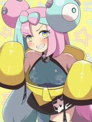 Rule 34 | 1girl, blush, breasts, character hair ornament, commentary request, creatures (company), drill bulbul, game freak, green hair, grey shirt, grin, hair ornament, hands up, iono (pokemon), jacket, long hair, medium breasts, multicolored hair, nintendo, pink hair, pokemon, pokemon sv, shirt, single leg pantyhose, sleeveless, sleeveless shirt, sleeves past fingers, sleeves past wrists, smile, solo, star (symbol), star print, teeth, thigh strap, twintails, two-tone hair, yellow background, yellow eyes, yellow jacket