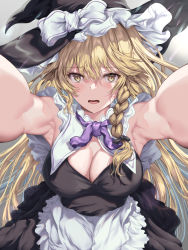 Rule 34 | 1girl, apron, armpits, black dress, blonde hair, bow, braid, breasts, cleavage, commentary request, detached collar, dress, frilled dress, frilled shirt collar, frills, hair bow, hat, hat bow, incoming hug, kaeranu kaeru, kirisame marisa, large breasts, long hair, looking at viewer, outstretched arms, purple ribbon, ribbon, side braid, simple background, single braid, sleeveless, solo, touhou, waist apron, white background, white bow, witch hat, yellow eyes
