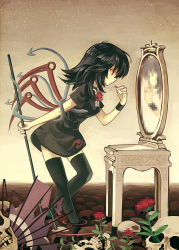 Rule 34 | 1girl, asymmetrical wings, black dress, black hair, black thighhighs, censored, cosmetics, crying, dress, holding, holding weapon, houjuu nue, lipstick, lipstick tube, makeup, mirror, mosaic censoring, orita enpitsu, polearm, red eyes, red ribbon, reflection, ribbon, short dress, short sleeves, skull, snake, solo, tears, thighhighs, touhou, trident, wading, weapon, wings, wrist cuffs