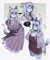 ... 1girl ? animal_ears cat_ears cat_girl cat_tail collar collarbone cross cross_necklace dress frown furry furry_female grey_cat hairband heterochromia highres jacket jewelry long_dress multiple_views necklace open_clothes open_jacket original short_dress solo speech_bubble spoken_ellipsis spoken_question_mark tail whiskers wolfertinger666