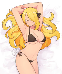 Rule 34 | 1girl, absurdres, armpits, arms up, bed sheet, bikini, black bikini, blonde hair, blush, breasts, closed mouth, creatures (company), cynthia (pokemon), facing viewer, furrowed brow, game freak, hair ornament, hair over one eye, highres, kellila93, large breasts, long hair, looking to the side, lying, navel, nintendo, on back, pokemon, pokemon dppt, side-tie bikini bottom, signature, skindentation, solo, stomach, swimsuit, very long hair, wavy hair, yellow eyes