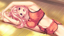Rule 34 | 1girl, d-eve in you, covered erect nipples, game cg, gokokukyou, indoors, midriff, navel, open mouth, pink hair, purple eyes, solo, split, stretching, twinkle soft, ubukata yume