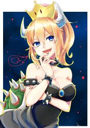 Rule 34 | 1girl, absurdres, armlet, bad id, bad pixiv id, bare shoulders, black nails, blonde hair, blue eyes, bowsette, bracelet, breasts, cleavage, collar, commentary request, crown, eyebrows, highres, horns, jewelry, large breasts, looking to the side, mario (series), meiruuuu., nail polish, new super mario bros. u deluxe, nintendo, open mouth, ponytail, sharp teeth, short hair, smile, solo, spiked armlet, spiked bracelet, spiked collar, spikes, super crown, teeth