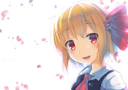 Rule 34 | 1girl, ascot, backlighting, blonde hair, bow, cherry blossoms, hair bow, happy, looking at viewer, looking to the side, open mouth, petals, portrait, red eyes, rody (hayama yuu), rumia, short hair, simple background, smile, solo, touhou