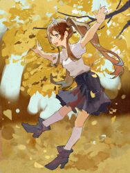 Rule 34 | 1girl, autumn leaves, black skirt, blue eyes, blue sky, blurry, blurry background, boots, brown hair, chinese commentary, collared shirt, commentary request, day, falling leaves, forest, full body, grey footwear, high-waist skirt, high heel boots, high heels, highres, kneehighs, leaf, leaf pile, long hair, looking ahead, miniskirt, nature, open mouth, original, outdoors, outstretched arms, pleated skirt, procreate (medium), shirt, short sleeves, sidelocks, skirt, sky, smile, socks, solo, tree, twintails, white shirt, white sleeves, white socks, yangleyuan