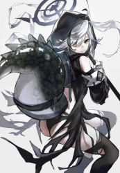 Rule 34 | absurdres, ahoge, arknights, belt, belt buckle, black legwear, black panties, boots, buckle, commentary request, crocodilian tail, detached sleeves, foot out of frame, from behind, grey hair, highres, holding, holding staff, hood, hood up, karasuro, looking back, panties, simple background, staff, tail, thighhighs, tomimi (arknights), torn clothes, underwear, white background, yellow eyes