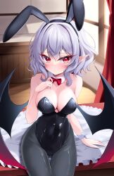 Rule 34 | 1girl, absurdres, alternate breast size, animal ears, bat wings, black leotard, blue hair, blush, bow, bowtie, breasts, cleavage, detached collar, fake animal ears, highres, indoors, leotard, medium breasts, pantyhose, playboy bunny, rabbit ears, red eyes, remilia scarlet, s vileblood, short hair, slit pupils, solo, strapless, strapless leotard, touhou, wings, wrist cuffs