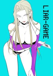 Rule 34 | 1girl, black panties, breasts, bridal gauntlets, card, character request, cleavage, closed mouth, collarbone, grel (r6hgvu5), holding, holding card, large breasts, liar game, lipstick, long hair, looking at viewer, makeup, panties, red lips, simple background, smile, solo, underwear, white hair