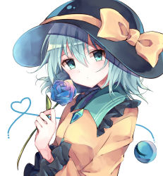 Rule 34 | 1girl, black hat, blouse, blue eyes, blue flower, blue hair, blue rose, blush, closed mouth, collared shirt, flower, frilled sleeves, frills, hair between eyes, hat, heart, heart of string, highres, holding, holding flower, koishi day, komeiji koishi, long sleeves, looking at viewer, medium hair, rena, ribbon, rose, shirt, simple background, solo, third eye, touhou, upper body, white background, wide sleeves, yellow ribbon, yellow shirt