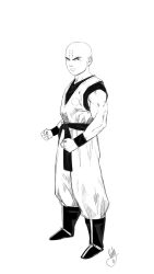 Rule 34 | 1boy, bald, boots, clenched hands, dougi, dragon ball, dragon ball z, dragonball z, facial mark, forehead mark, full body, highres, kuririn, male focus, monochrome, muscular, roosdy fisher, serious, signature, sketch, solo, wristband
