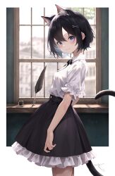 Rule 34 | 1girl, amanun, animal ear fluff, animal ears, black hair, black skirt, blue eyes, breasts, cat ears, cat girl, cat tail, extra ears, frilled skirt, frills, highres, inkwell, looking at viewer, medium breasts, original, quill, shirt, short hair, short sleeves, skirt, smile, solo, standing, tail, white shirt, window