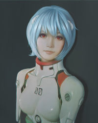 Rule 34 | 1girl, ayanami rei, black background, blue hair, bodysuit, breasts, hair ornament, highres, interface headset, jey rain, lips, looking at viewer, neon genesis evangelion, pilot suit, plugsuit, realistic, red eyes, shadow, short hair, simple background, small breasts, solo, turtleneck, upper body, white bodysuit
