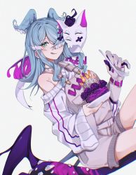 Rule 34 | 1girl, animal, animal on shoulder, bad id, bad twitter id, blue eyes, blue hair, cake, candle, commentary, dragon, elira pendora, elira pendora (1st costume), english commentary, fire, food, fork, gloves, grey background, grey gloves, grey overalls, hair behind ear, hair over one eye, head wings, highres, holding, holding fork, holding plate, licking lips, long hair, looking at viewer, low wings, mei (adomanju), nijisanji, nijisanji en, off shoulder, one eye covered, overall shorts, overalls, pikl (elira pendora), plate, single glove, sitting, smile, solo, sweater, tongue, tongue out, virtual youtuber, white sweater, wings