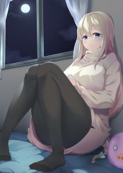 Rule 34 | 1girl, absurdres, beige sweater, black pantyhose, blonde hair, blue eyes, bow, braid, breasts, closed mouth, cup, full body, full moon, hair between eyes, hair bow, highres, holding, holding cup, indoors, knees up, large breasts, long hair, long sleeves, looking at viewer, moon, night, night sky, original, pantyhose, sitting, sky, smile, solo, stuffed toy, sweater, thighs, turtleneck, turtleneck sweater, white bow, window, yappe