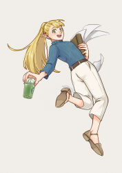 Rule 34 | 1girl, :d, blonde hair, blue shirt, book, brown footwear, casual, contemporary, cream, cup, disposable cup, drink, dungeon meshi, eahsu1994, elf, floating hair, from behind, full body, green eyes, highres, holding, holding book, holding cup, jumping, long hair, long sleeves, looking at viewer, looking back, marcille donato, open mouth, outstretched arm, pants, paper, pointy ears, ponytail, sandals, shirt, shoe soles, simple background, smile, solo, white pants