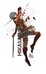 Rule 34 | 1girl, artist request, black eyes, black hair, blood, boots, breasts, cable, character name, copyright name, cropped jacket, dual wielding, expressionless, highres, holding, knee boots, lips, mikasa ackerman, nose, ran-zu, scarf, shingeki no kyojin, short hair, solo, sword, thigh strap, three-dimensional maneuver gear, weapon