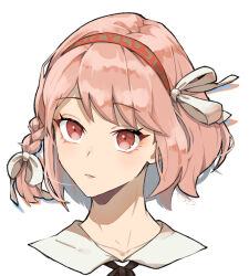 Rule 34 | 1girl, braid, close-up, closed mouth, cropped head, fire emblem, fire emblem engage, hair ornament, hair ribbon, hairband, highres, lapis (fire emblem), nintendo, open mouth, parted lips, pink eyes, pink hair, red hairband, ribbon, short hair, side braid, signature, simple background, solo, two-tone hairband, white background, white ribbon, yachimata 1205