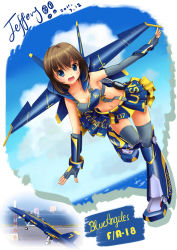 Rule 34 | 1girl, aircraft, airplane, asymmetrical clothes, blue angels, blue eyes, breasts, bridal gauntlets, brown hair, cleavage, cloud, dated, day, emblem, f-18, female focus, full body, gradient background, highres, jeffery (backam), jet, mecha musume, medium breasts, navel, ocean, open mouth, original, outdoors, personification, photo background, short hair, signature, sky, solo, thighhighs, water, white background, zettai ryouiki