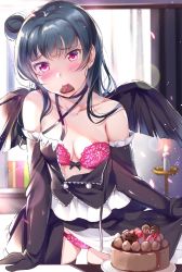 Rule 34 | 1girl, bad id, bad pixiv id, black gloves, blue hair, blush, bra, breasts, cake, candle, candlestand, candy, chocolate, chocolate heart, clothes lift, collarbone, commentary request, demon wings, elbow gloves, food, frilled gloves, frills, gloves, hair bun, halterneck, heart, long hair, looking at viewer, love live!, love live! sunshine!!, medium breasts, mouth hold, open clothes, open shirt, open skirt, panties, petals, pink bra, pink panties, red eyes, side bun, single side bun, skirt, skirt lift, solo, strapless, strapless bra, tipii, tsushima yoshiko, underwear, valentine, window, wings