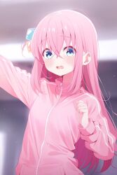 Rule 34 | 1girl, blue eyes, blurry, blurry background, blush, bocchi the rock!, commentary request, cube hair ornament, depth of field, deyui, gotoh hitori, hair between eyes, hair ornament, highres, jacket, long hair, long sleeves, looking at viewer, one side up, open mouth, outstretched arm, pink hair, pink jacket, puffy long sleeves, puffy sleeves, solo, track jacket, very long hair, wavy mouth