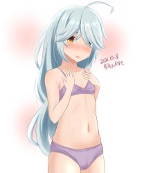 Rule 34 | 1girl, ahoge, ame-san, bra, commentary request, cowboy shot, dated, flat chest, grey hair, hair over eyes, hamanami (kancolle), highres, kantai collection, long hair, looking at viewer, one-hour drawing challenge, panties, purple bra, purple panties, solo, twitter username, underwear, underwear only, white background, yellow eyes