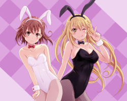Rule 34 | + +, 2girls, ;p, alternate costume, animal ears, arm behind back, bare shoulders, blonde hair, blush, bow, bowtie, breasts, brown eyes, brown hair, checkered background, cleavage, collarbone, detached collar, fake animal ears, female focus, fishnet pantyhose, fishnets, hair ornament, hairband, hairclip, head tilt, large breasts, leaning, leaning forward, leotard, licking lips, long hair, looking at viewer, misaka mikoto, multiple girls, one eye closed, pantyhose, playboy bunny, pointing, rabbit ears, shian (my lonly life.), shokuhou misaki, short hair, shy, small breasts, smile, standing, symbol-shaped pupils, toaru kagaku no railgun, toaru majutsu no index, tongue, tongue out, wink, wrist cuffs, yellow eyes