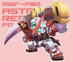 Rule 34 | carrying over shoulder, character name, chibi, clenched hand, gundam, gundam astray red frame, gundam seed, gundam seed astray, huge weapon, katana, mecha, no humans, pink background, reflection, robot, simple background, solo, sword, weapon, yabe makoto