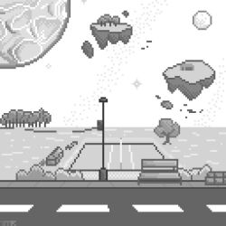 Rule 34 | bench, field, floating, floating island, forest, greyscale, highway, horizon, monochrome, moon, nature, no humans, original, pixel art, retro artstyle, road, rock, scenery, sun, tomoruka mr, tree