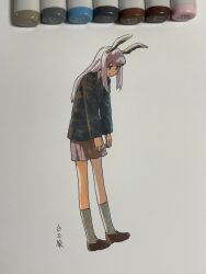 Rule 34 | 1girl, animal ears, art tools in frame, bare legs, black jacket, blazer, brown footwear, closed mouth, collared shirt, dot nose, full body, grey socks, highres, jacket, loafers, long hair, long sleeves, looking down, marker, marker (medium), necktie, pleated skirt, purple hair, rabbit ears, red eyes, red necktie, reisen udongein inaba, shiratama (hockey), shirt, shoes, sidelocks, signature, simple background, skirt, socks, solo, standing, touhou, traditional media, white background, white shirt, white socks