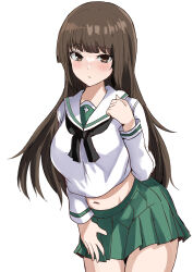 Rule 34 | 1girl, black neckerchief, blush, breasts, brown eyes, brown hair, commentary, girls und panzer, green skirt, highres, large breasts, long hair, looking at viewer, midriff, navel, neckerchief, nishizumi shiho, ooarai school uniform, pleated skirt, sailor collar, school uniform, skirt, solo, suberaku, white sailor collar