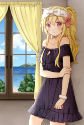 Rule 34 | 1girl, :o, arm grab, bad id, bad pixiv id, bare shoulders, blonde hair, blue sky, blush, bow, braid, character request, cloud, cloudy sky, collarbone, commentary request, curtains, day, dress, flower, hair between eyes, hair flower, hair ornament, horizon, indoors, inishie no megami to houseki no ite, kurata rine, long hair, looking at viewer, ocean, off-shoulder dress, off shoulder, official art, parted lips, polka dot, polka dot dress, purple dress, red eyes, red flower, short sleeves, side braid, single braid, sky, solo, standing, water, white bow, window