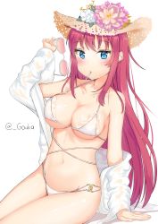 Rule 34 | 1girl, absurdres, azur lane, bikini, blue eyes, blush, breasts, chanel, cleavage, collarbone, flower, gouka, hat, highres, large breasts, long hair, multiple straps, navel, red hair, see-through, sitting, solo, straw hat, sun hat, sunglasses, sunglasses removed, surcouf (azur lane), surcouf (loisirs balneaires) (azur lane), swimsuit, very long hair, white bikini