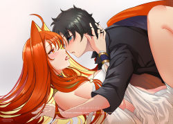 Rule 34 | aphrodite (fate), black hair, blue eyes, blush, bracelet, chaldea uniform, dress, fate/grand order, fate (series), fujimaru ritsuka (male), hand on another&#039;s head, highres, imminent kiss, jewelry, lipstick, long hair, looking at another, makeup, multicolored hair, red eyes, red hair, shiro font, signature, tongue, tongue out, white background, white dress